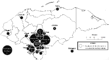 Mapa de la
distribución geográfica de los lugares de origen de las prostitutas que servían
en Tegucigalpa y Comayagüela 1935-1936