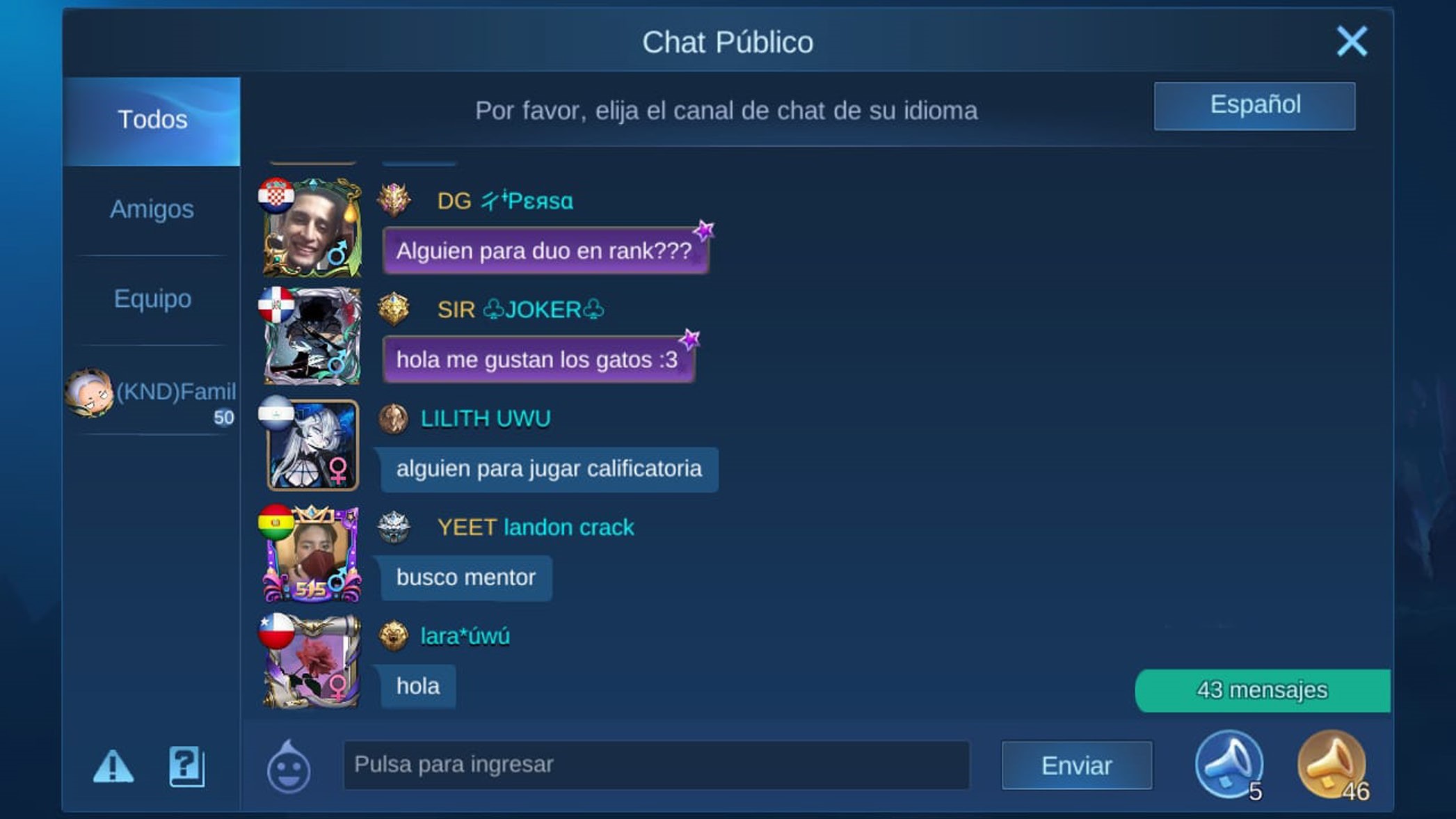 Búsqueda de mentor en chat público de Mobile Legends